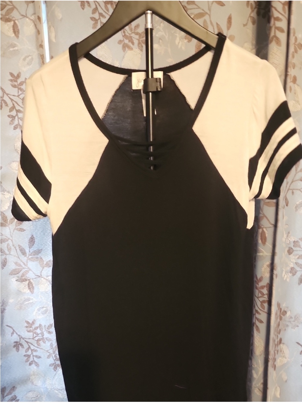 just be Black and White Short Sleeve V-Neck Tee with Ladder Cutouts